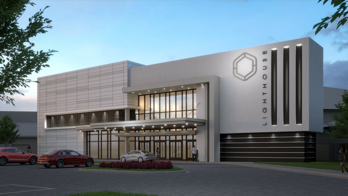 Final exterior architectural render of the rebuilt Lighthouse Church entrance and signage